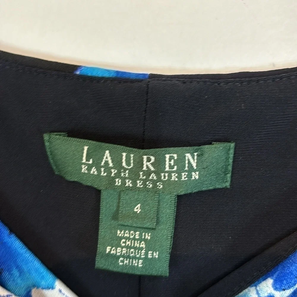 LAUREN Ralph Lauren Dress Ruched Cap Sleeves Lined Black Blue Floral Stretch Sz4 - Picture 7 of 14